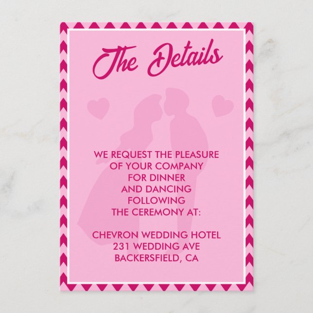Tarjeta De Recepción Detalles de Boda con Código QR Chevron Rosa Modern (Anverso)