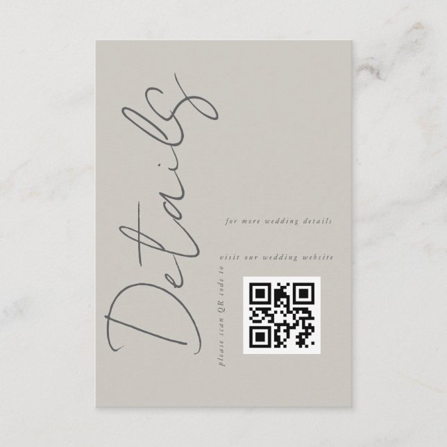 Tarjeta De Recepción Detalles de boda con código QR moderno Gris Taupe (Anverso)
