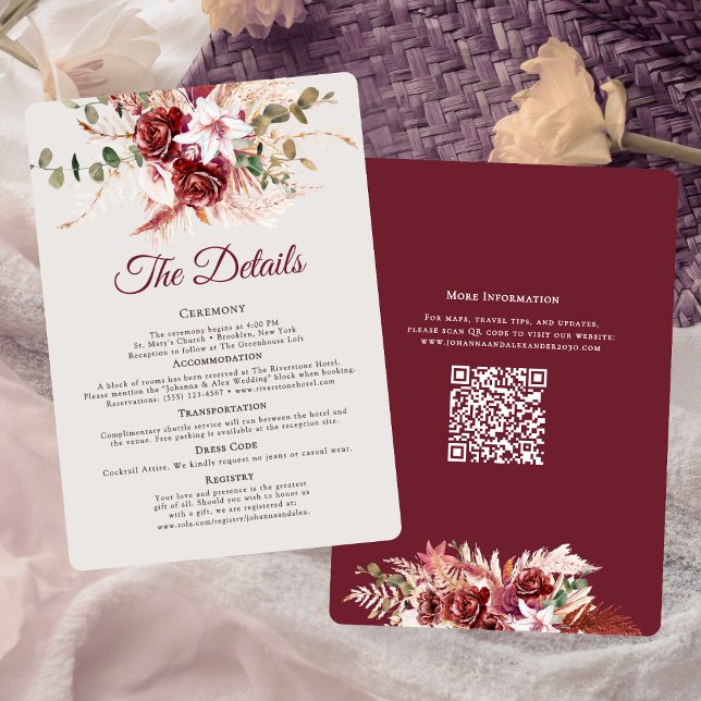 Tarjeta De Recepción Detalles de Boda con Código QR Romántico de Borgoñ (Subido por el creador)