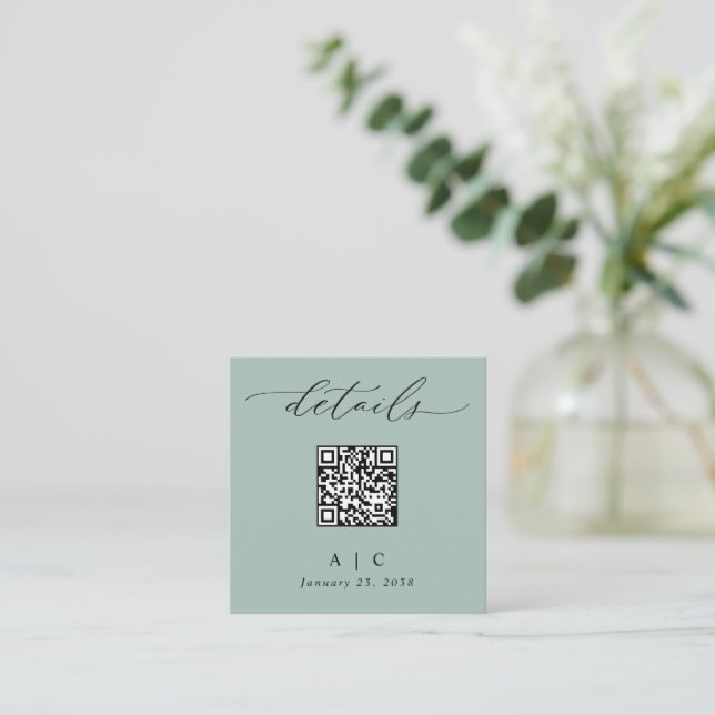 Tarjeta De Recepción Detalles de Boda con Código QR Simple Verde Sage (Anverso de pie)