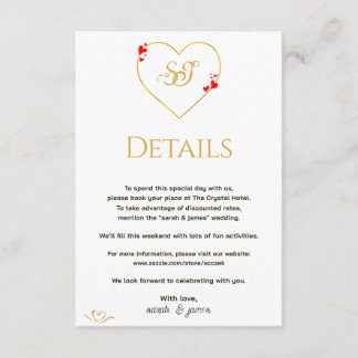 Tarjeta De Recepción Detalles de Boda con Corazones Rojos y Monograma D