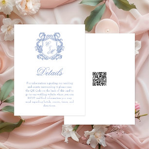 Tarjeta De Recepción Detalles de Boda con Cresta de Monograma Azul Polv