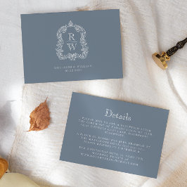 Tarjeta De Recepción Detalles de Boda con Cresta de Monograma Azul Polv