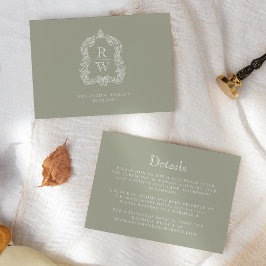 Tarjeta De Recepción Detalles de Boda con Cresta de Monograma Verde Sal