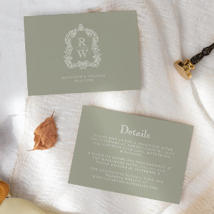 Tarjeta De Recepción Detalles de Boda con Cresta de Monograma Verde Sal