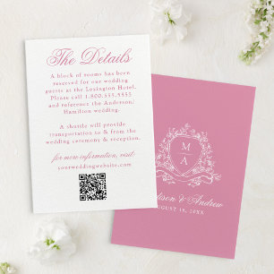 Tarjeta De Recepción Detalles de Boda con Cresta Floral de Cuarzo Rosa 