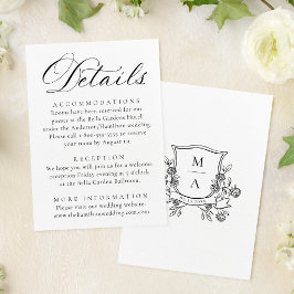 Tarjeta De Recepción Detalles de Boda con Cresta Floral Negra Elegante