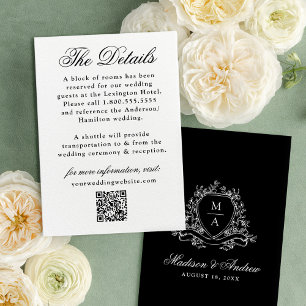 Tarjeta De Recepción Detalles de Boda con Cresta Floral Negra Elegante