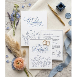 Tarjeta De Recepción Detalles de Boda con Flor Silvestre de Azul Polvor