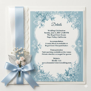 Tarjeta De Recepción Detalles de Boda con Florales Azules de Toile Fran