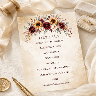 Tarjeta De Recepción Detalles de Boda con Girasoles de Otoño Borgoña
