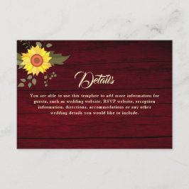 Tarjeta De Recepción Detalles de Boda con Girasoles Rústicos