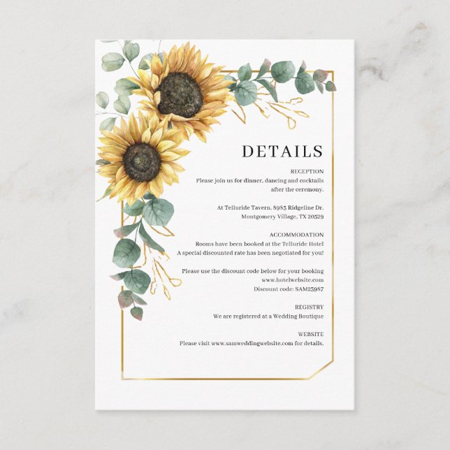 Tarjeta De Recepción Detalles de Boda con Girasoles y Eucalipto (Anverso)