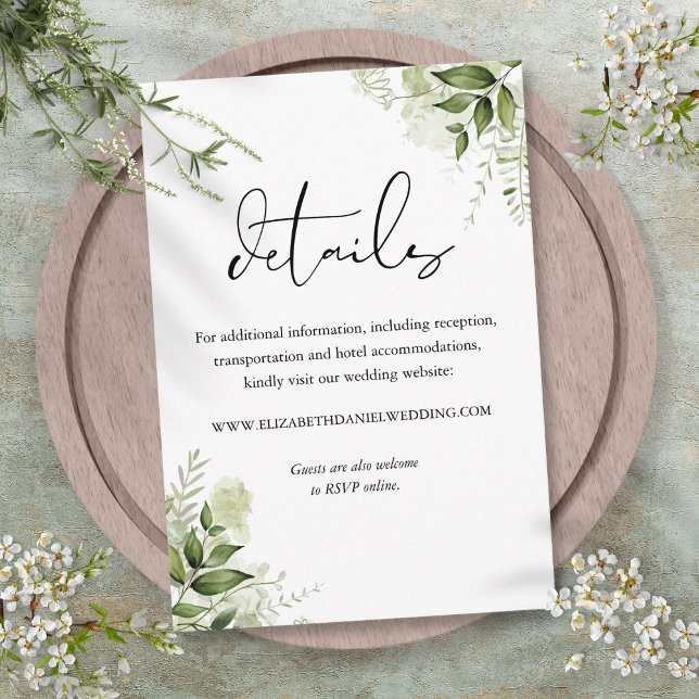 Tarjeta De Recepción Detalles de Boda con Guion Elegante Floral Verde (Greenery Floral Elegant Script Wedding Details Enclosure Card)