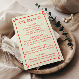 Tarjeta De Recepción Detalles de Boda con Guión Rojo Minimalista