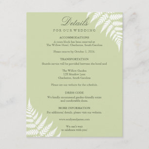 Tarjeta De Recepción Detalles de Boda con Helecho Blanco y Verde Pistac