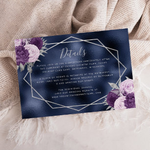 Tarjeta De Recepción Detalles de Boda con Hoja de Plata Azul Marino Flo