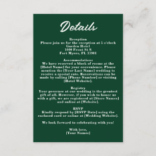 Tarjeta De Recepción Detalles de boda con joya verde esmeralda oscuro y