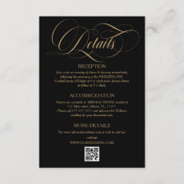 Tarjeta De Recepción Detalles de boda con letra elegante dorada y negra