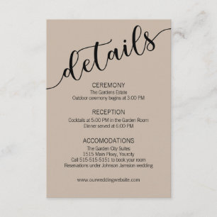 Tarjeta De Recepción Detalles de Boda con Letra Negra Latte Mocha