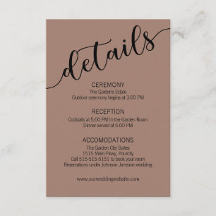 Tarjeta De Recepción Detalles de Boda con Letra Negra y Mocha Rica