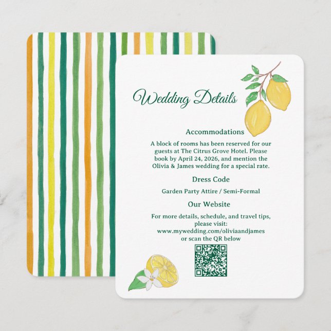 Tarjeta De Recepción Detalles de Boda con Limón Chic Citrus (Anverso / Reverso)