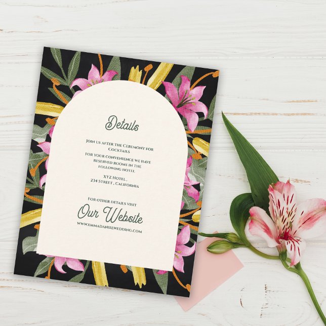 Tarjeta De Recepción Detalles de Boda con Lirio Rosa Oscuro Arqueado (Dark Blush Pink Lily Arched Wedding Details | Botanical Floral Arch Evening Wedding Eclosure Card )