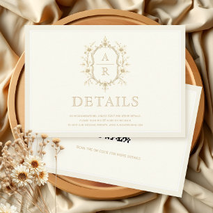 Tarjeta De Recepción Detalles de boda con monograma de cresta sepia vin