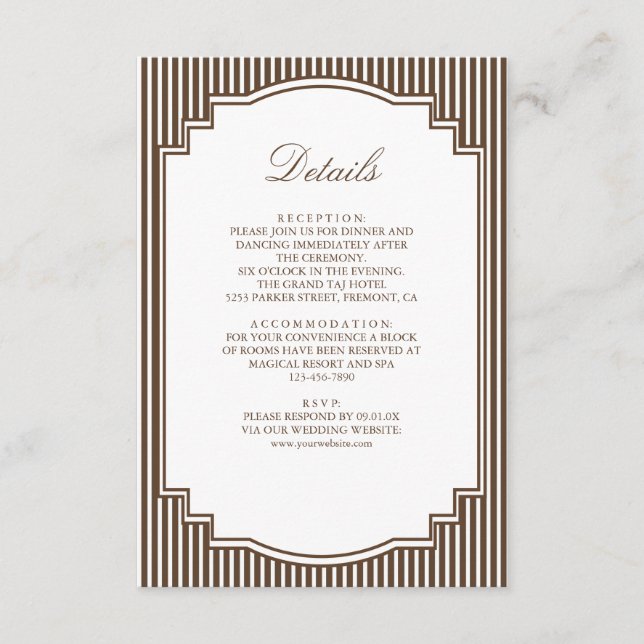 Tarjeta De Recepción Detalles de Boda con Rayas Marrones Chocolate (Anverso)