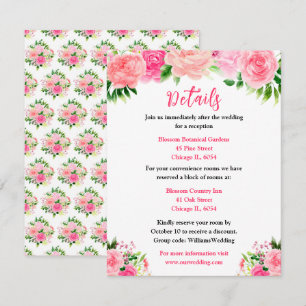 Tarjeta De Recepción Detalles de Boda con Rosas Rosadas y Follaje