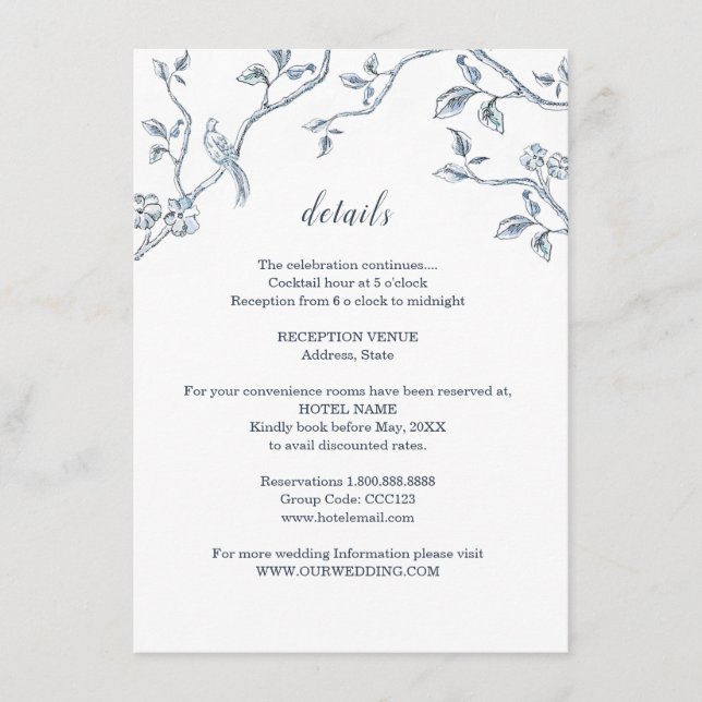 Tarjeta De Recepción Detalles de boda con Toile Francés azul y blanco (Anverso)