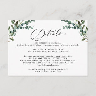 Tarjeta De Recepción Detalles de Boda con Verde de Eucalipto Rústico 