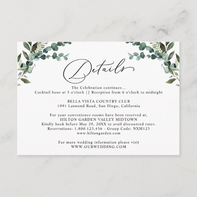 Tarjeta De Recepción Detalles de Boda con Verde de Eucalipto Rústico  (Anverso)