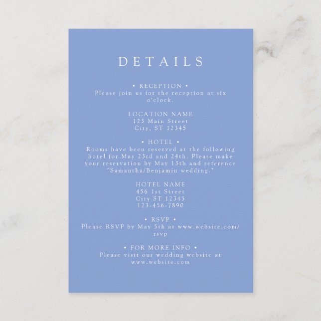 Tarjeta De Recepción Detalles de Boda Coordenada Periwinkle (Anverso)
