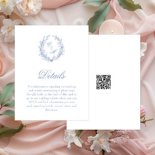 Tarjeta De Recepción Detalles de Boda Corona Botánica Monograma Azul Po