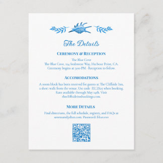 Tarjeta De Recepción Detalles de Boda Costera Azul y Blanco de Conchas