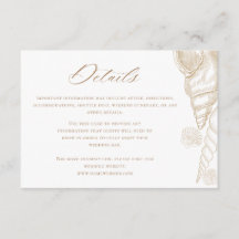 Detalles de boda costera blanca y conchas doradas