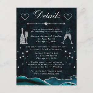 Tarjeta De Recepción Detalles de Boda de Ágata Brillante Teal y Plata