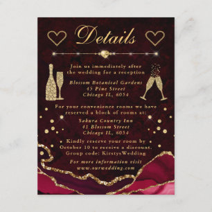 Tarjeta De Recepción Detalles de Boda de Agata Falsa Brillante Rojo y D