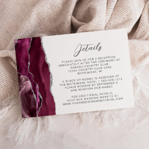 Tarjeta De Recepción Detalles de Boda de Ágata Plateada de Borgoña