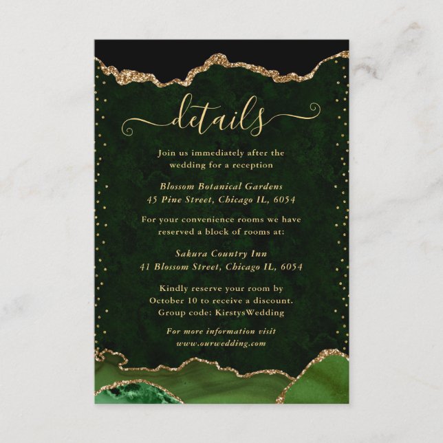 Tarjeta De Recepción Detalles de Boda de Ágata Verde y Dorada (Anverso)