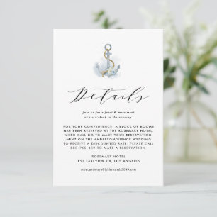 Tarjeta De Recepción Detalles de Boda de Ancla Floral Azul Acuarela