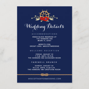 Tarjeta De Recepción Detalles de Boda de Anémona Náutica Rojo Blanco &