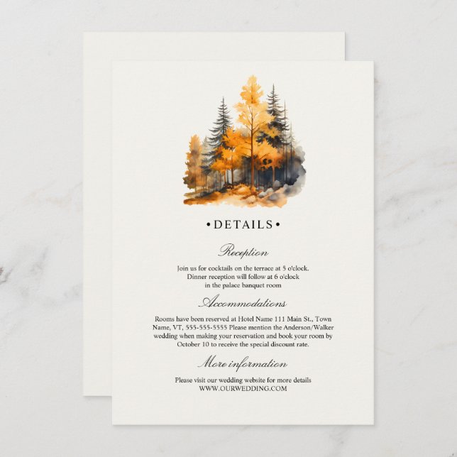 Tarjeta De Recepción Detalles de boda de bosque de otoño, pinos (Anverso / Reverso)