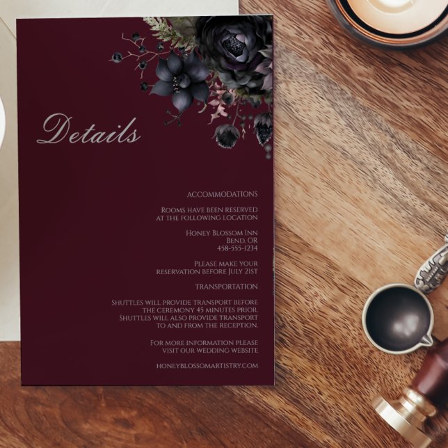 Tarjeta De Recepción Detalles de Boda de Burgundy Floral Gótico Oscuro (Subido por el creador)