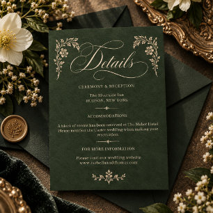 Tarjeta De Recepción Detalles de Boda de Caligrafía Verde Bosque Vintag