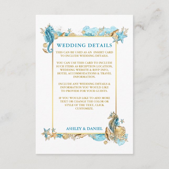Tarjeta De Recepción Detalles de Boda de Caparazones de Acuarela Azul C (Anverso)