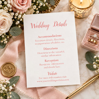 Tarjeta De Recepción Detalles de boda de coral y blanco encantadores