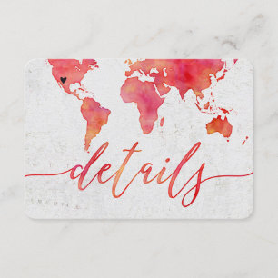 Tarjeta De Recepción Detalles de Boda de Destino Mapa Mundial Acuarela