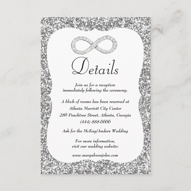 Tarjeta De Recepción Detalles de Boda de Diamante con Brillo de Plata I (Anverso)